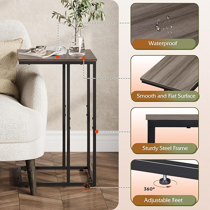 WLIVE Side Table Set of 2, C Shaped End Table Sets, Small Sofa Side Tables Bedroom, Living Room, Home Office, 2-Tier Couch Bedside Table for Small Spaces, A-Grey