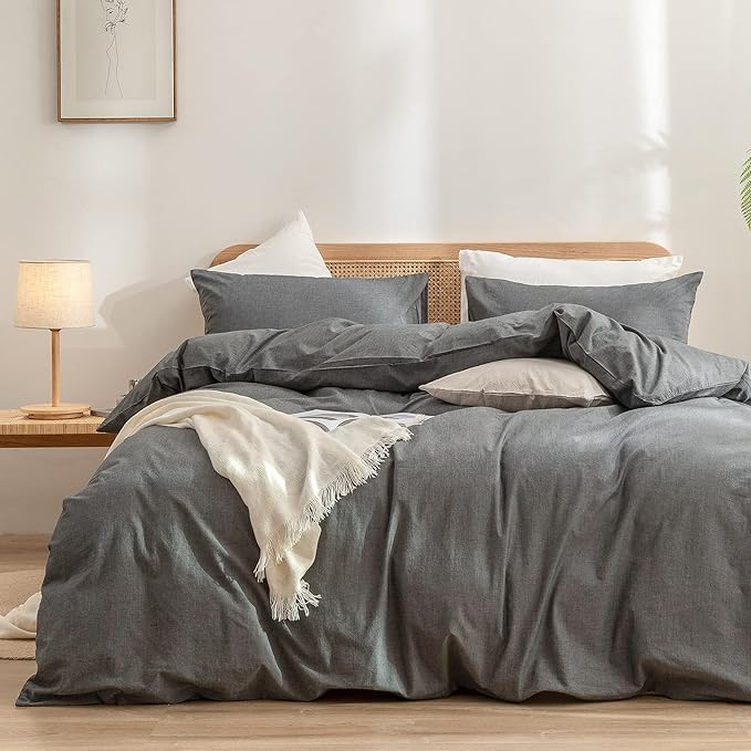 BESTOUCH Duvet Cover Set 100% Washed Cotton Linen Feel Super Soft Comfortable Chic Lightweight 3 PCs Home Bedding Set Solid Dark Grey Queen