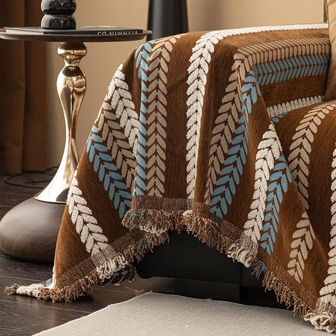 STACYPIK Khaki Jacquard Leaves Sofa Cover, Vintage Couch Cover for Dogs, Washable Pet Protector for 3 Cushion Couch, Non-slip Chenille Sofa Covers for Loveseat, Boho Couch Cover for Sectional-71X150IN