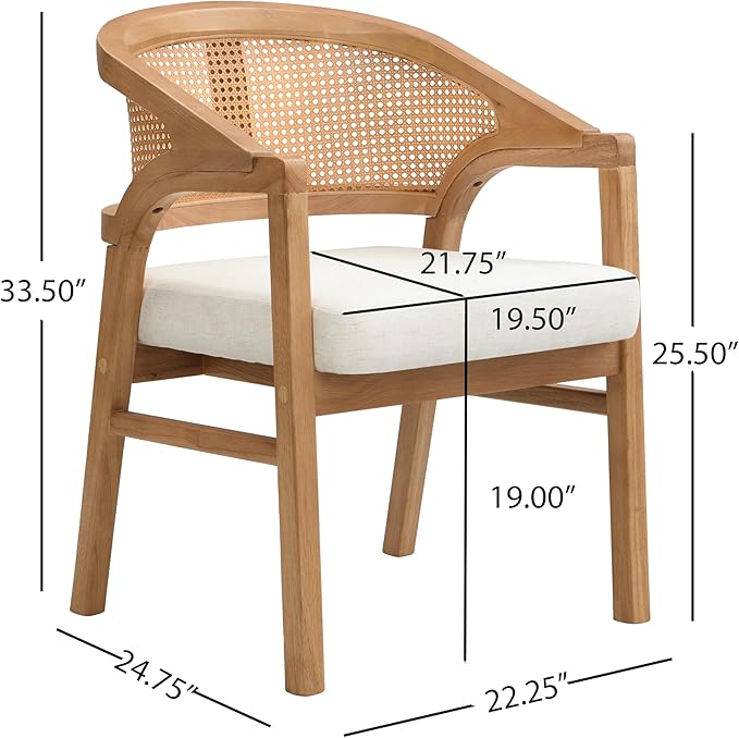 Christopher Knight Home Faritel Modern Wooden Dining Chairs Set of 2, Fabric Upholstered Kitchen Side Armchairs, Living Room Comfy Reading Chair with Curved Rattan Back, Natural Oak+Beige