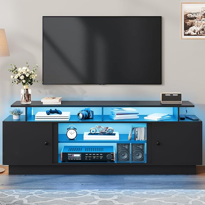 DWVO Modern TV Stand for 65/75 Inch TVs, Entertainment Center with LED Lights, TV Shelf with Storage Cabinets & Movable Partition, TV Console for Living Room, Black