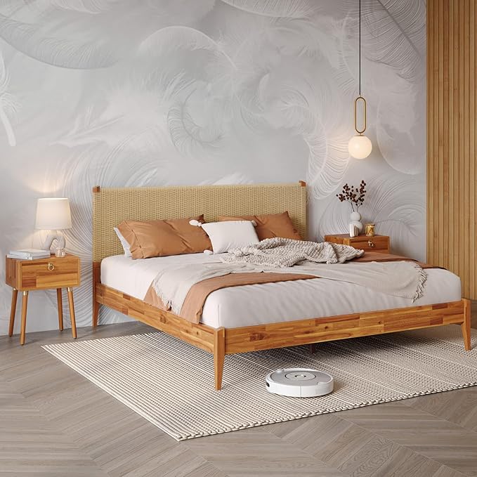 Bme Selina King Bed Frame and Headboard - Handcrafted Paper Cord Headboard, 12-Slat Support, No Box Spring Needed - Easy Assembly, Caramel
