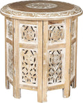Lightnpro Hand Carved Solid Mango Wood Octagonal Accent Table - 18"×18" White Wash Farmhouse Vintage Home Décor Round End Table for Living Room, Bedroom, Entryway - Rustic Boho Side Table