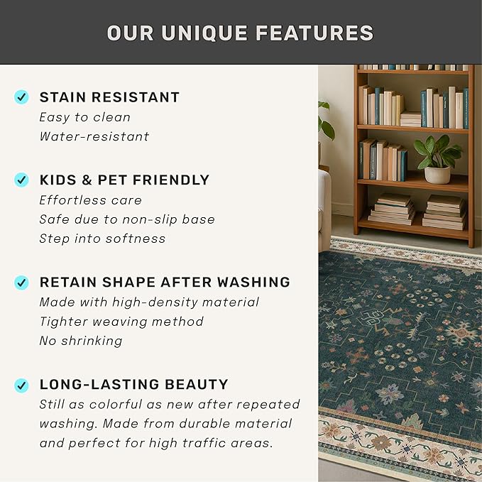 Dark Green 2x3 Door Mat Indoor Entrance Rug - Small Throw Area Rugs for Entryway, Kitchen, Bathroom, Bedroom, Laundry Room - Vintage Boho Eclectic Floral, Washable Low Pile Non-Slip