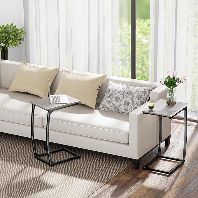 C-Shaped End-Table - Side Table for Couch,Curved Support Legs, Slide Under Couch Table for Sofa, TV Tray Table for Living Room Bedroom (Grey)
