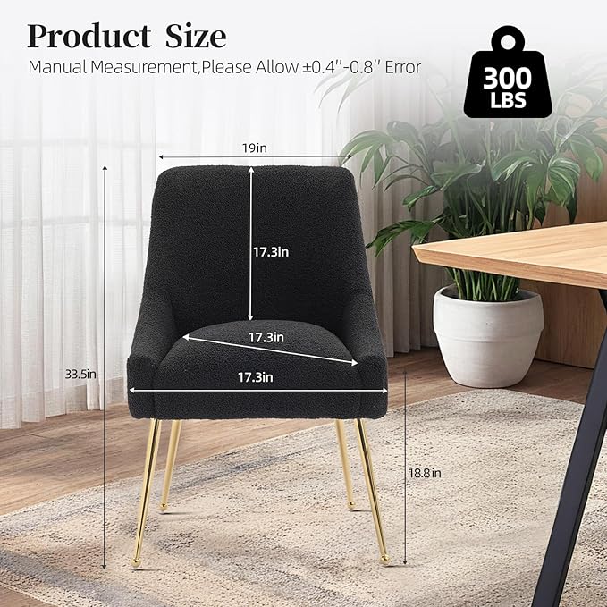 Modern Velvet Dining Chairs Set of 2, Contemporary Upholstered Furniture Collection with Polished Gold Metal Legs, Elegant Accent Chairs for Kitchen Living Room(Teddy Fleece,Black)