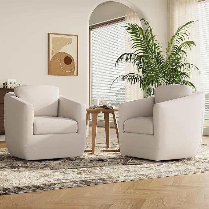COLAMY 360° Swivel Accent Chair Set of 2 with Pillow - Comfy Living Room Armchair No-Sag Foam & Sturdy Metal Base, Fully Assembled Swivel Accent Single Sofa for Bedroom Living Room, Office, Beige