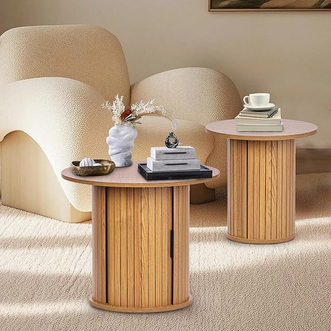 Modern Walnut End Table with Storage - Fluted Design Living Room Accent Table, Tall Bedside Nightstand & Sofa Side Table for Small Spaces, Dark Wood Finish (23.6" Wide, Natural)