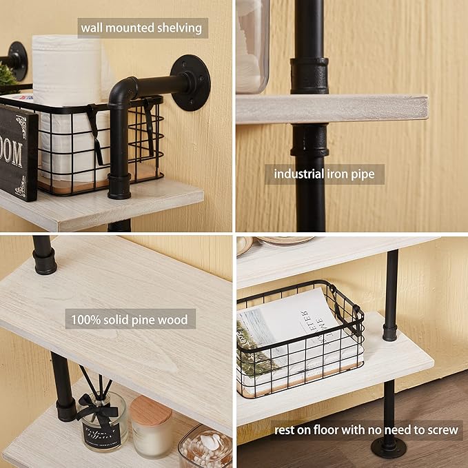 Pipe Shelves, 5 Tier Industrial Ladder Bookcase, Wall Mounted Metal Wood Rustic Bookshelf (White, 5 Tier - 10" D x 24" W x 70" H)