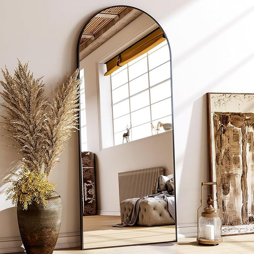 26''x 71'' Arched Full Length Mirror Floor Mirrors with Aluminum Alloy Frame Free-Standing Wall Mounted Floor Mirrors or Large Dressing Mirror, Black Mirror Full Length