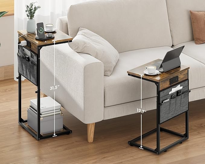 Vagusicc C-Shaped End Table Set of 2 with Charging Station, Small Side Table for Couch, Adjustable Height Couch Side Table, Slide Under Sofa Table TV Tray Tables for Living Room,Bedroom,Bedside, Brown