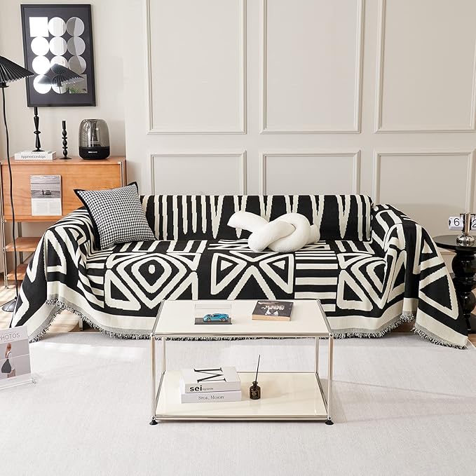 STACYPIK Modern Boho Sofa Cover for Dogs Chenille Couch Cover with Tassels Reversible Anti Slip Sofa Slipcover for 3 Cushion Couch Soft Black Beige L Shaped Cover Multi-Use Throw Blankets-71X134IN