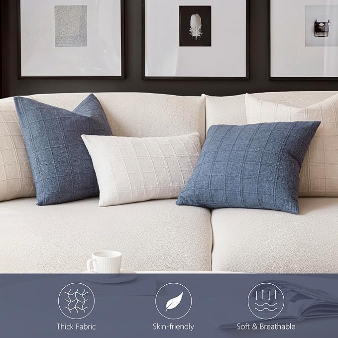 Foindtower Set of 2 Decorative Linen Check Throw Pillow Covers Neutral Farmhouse Vintage Cushion Covers Modern Coastal Boho Home Decor for Sofa Chair Couch Bedroom Living Room Outdoor,16×16 Inch,Blue