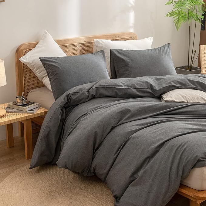 BESTOUCH Duvet Cover Set 100% Washed Cotton Linen Feel Super Soft Comfortable Chic Lightweight 3 PCs Home Bedding Set Solid Dark Grey King
