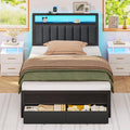 Furnulem Twin Bed Frames with Charging Station and LED Lights, Grey Upholstered Headboard with Shelves, Metal Platform Bed with 2 Under-Bed Storage (Fabric Drawer on Wheels), No Box Spring Needed