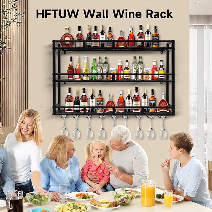Metal Wine Rack Wall Mounted, Bar Shelves for Liquor Bottles with LED Light, 3 Tier Large Capacity Liquor Rack Wall Mounted with Glass Holder for Home Bar & Dining Room （Gold, 79in/200cm）