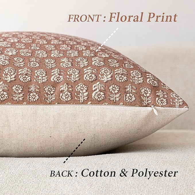 Foindtower Set of 2 Decorative Neutral Floral Print Throw Pillow Covers Vintage Farmhouse Cushion Covers Boho Home Decor for Sofa Chair Couch Bedroom Living Room Outdoor,18×18 Inch,Light Orange Brown