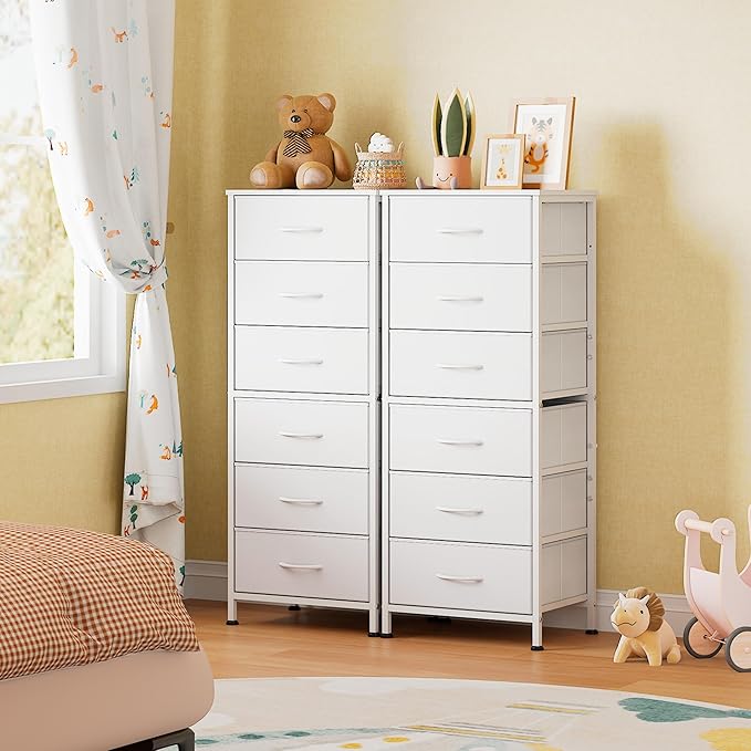 WLIVE White Tall Dresser for Bedroom, 6 Drawer Dressers & Chests of Drawers, Fabric Dresser for Closet, Living Room, Night Stand with Metal Frame, Storage Tower with Fabric Bins, Wood Top