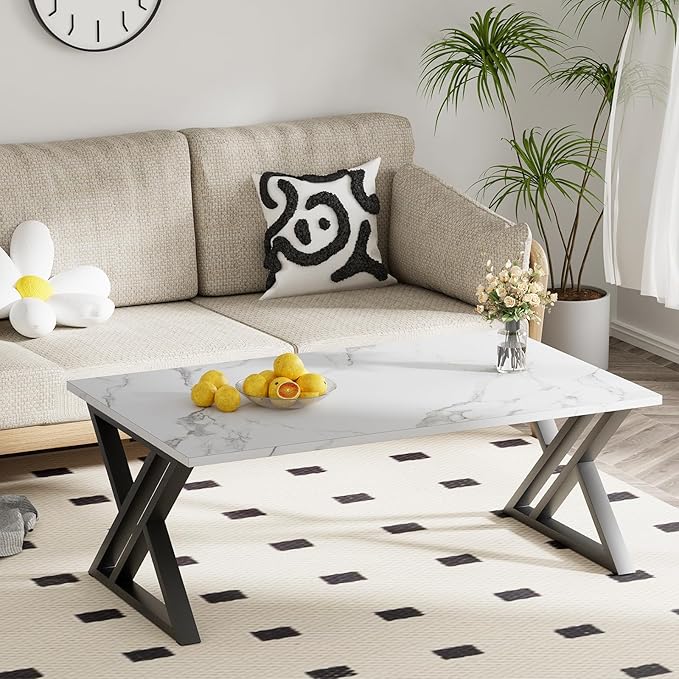Coffee Table White Living Room Center Table, Simple Modern Faux Marble Rectangular Tea Table with Sturdy Black Metal Frame,Industrial Wooden Coffee Table for Bedroom Home Office