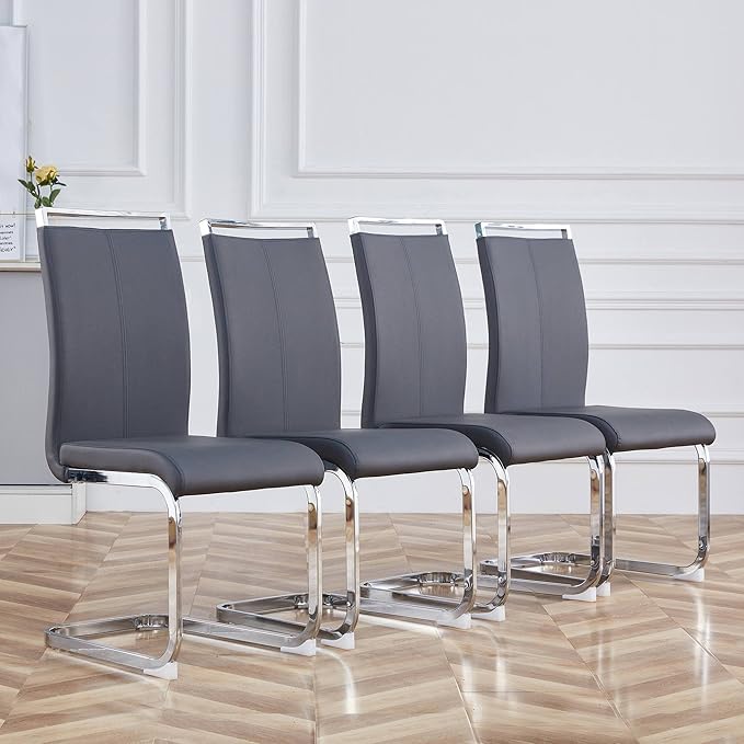 Dining Chairs Set, Kitchen Modern Metal Chairs with Faux Leather Padded Seat High Back and Sturdy Chrome Legs, Chairs for Dining Room (Grey, Set of 4)