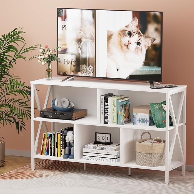 Horizontal Bookshelf,Industrial Modern 5 Cube Low Wide Cubby Bookcase,Long Wood and Metal Storage Organizer Open Shelf, Short Book Shelf Bedroom Storage for Home Office Living Room(White,5 Cube)