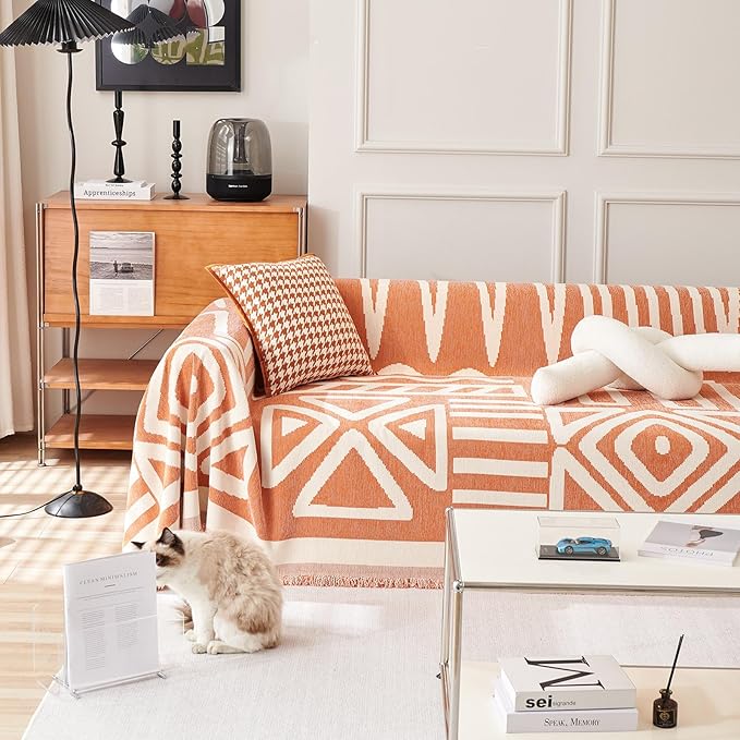HANDONTIME Orange Sofa Covers for Couch Loveseat Soft Chenille Cover Dogs Washable Furniture Protector with Tassel Solid Pet Thick, 71/'' X118/'', Tassel:orange, Large:71/''x 118/''
