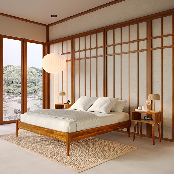 Bme Dinkee Wooden Queen Bed Frame, 15 Inch Height, Elegant Minimalist Modern Design with Japanese Joinery, Durable Wood Slats for Reliable Support, No Box Spring Required, Caramel