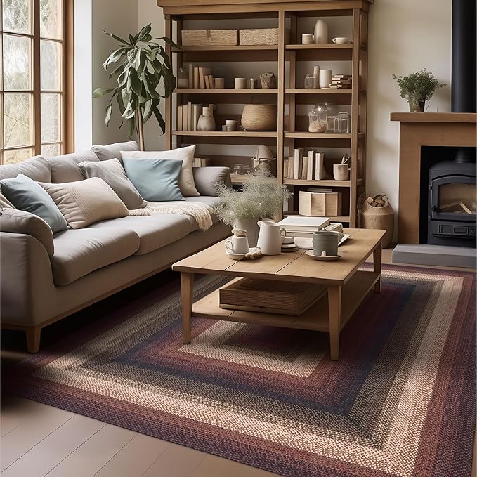 Homespice Prescott Jute Braided Area Rug 5x8' - Country Style Dining Room Rugs for Under Table for Primitive Decor