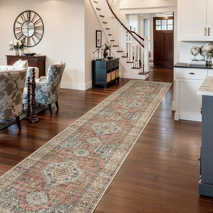Lahome Oriental Kitchen Runners for Hallways, 2.5x12 Washable Runner Rug Non Slip, Soft Hallway Rug Distressed Ultra-Thin Long Carpet for Bathroom Entryway ‎Bedroom, Peach/Orange