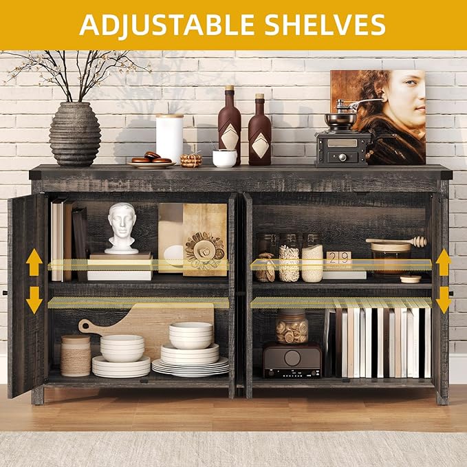 DWVO Buffet Cabinet with Storage, 55" Sideboard Buffet Storage Cabinet with Shelves and Doors, Farmhouse Coffee Bar Cabinets Kitchen Table for Kitchen, Dining Room, Dark Oak