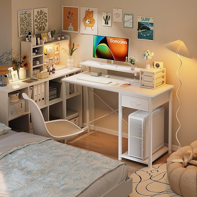 Computer Desk with Adjustable Monitor Stand, 47.2 in Small Desk with Reversible Storage Shelves, Office Desk with Spacious Desktop Spaces for Home Bedroom Workstation, White