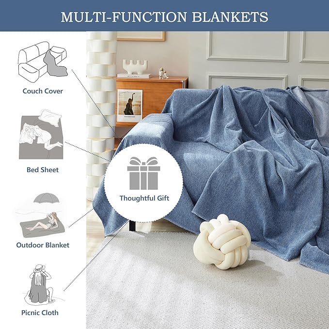 STACYPIK Durable Simple Blue Sofa Cover for Pets Kids Textured Herringbone Chenille Couch Covers for 3 Cushion Couch L Shape Couch Cover Versatile Protector Cover Multi-Use Blanket Washable-91X150IN