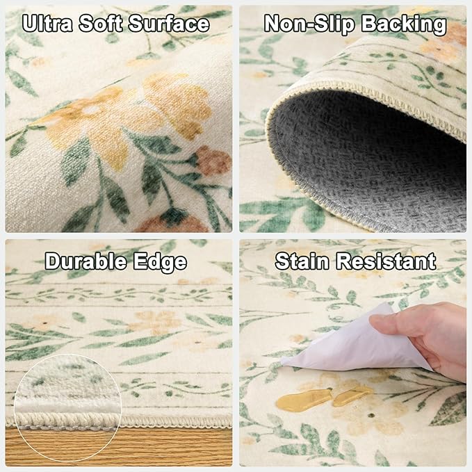 Runner Rug for Entryway: 2.6x8 Kitchen Rugs Non Slip Washable Ultra-Thin Soft Floral Carpet Indoor Floor Stain Resistant Carpets for Hallway Bedroom Kitchen Laundry Bathroom Dorm Beige/Multi