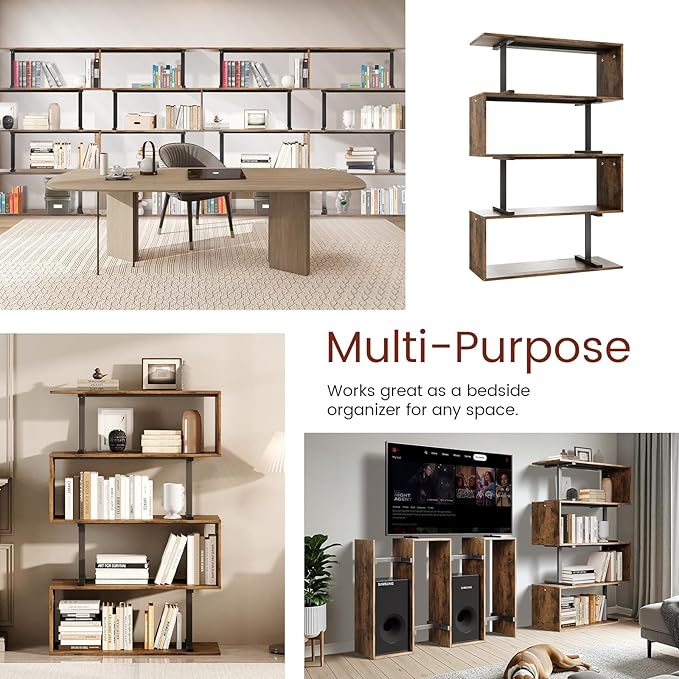 5-Tier Geometric Bookshelf, S Shaped Bookcase, 31.5" W x 58.3" H Wood Decorative Storage Shelving, Modern Freestanding Display Shelves, Tall Book Shelf Unit for Living Room Bedroom