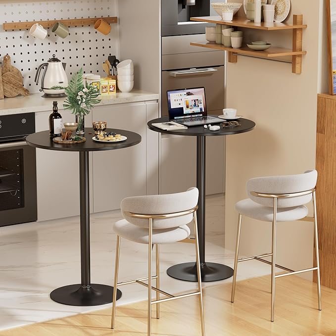Shahoo Round Bar Table, Cocktail Tables with Metal Base & MDF Top, for Bistro Pub, Cafe, Set of 2, Black