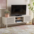 SAFAVIEH Averi TV Stand for up to 65" Flatscreen – White Wash, 2 Sliding Doors with Interior Storage, 2 Open Shelves, Entertainment Media Console (MED9637D)