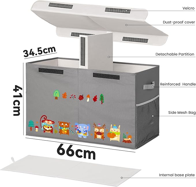 80L Large Toy Storage Box with Lid, Large Toy Box Chest for Kids, Girls and Boys, Nursery Room and Living Room, 26"x13" x16" (grey-animal)