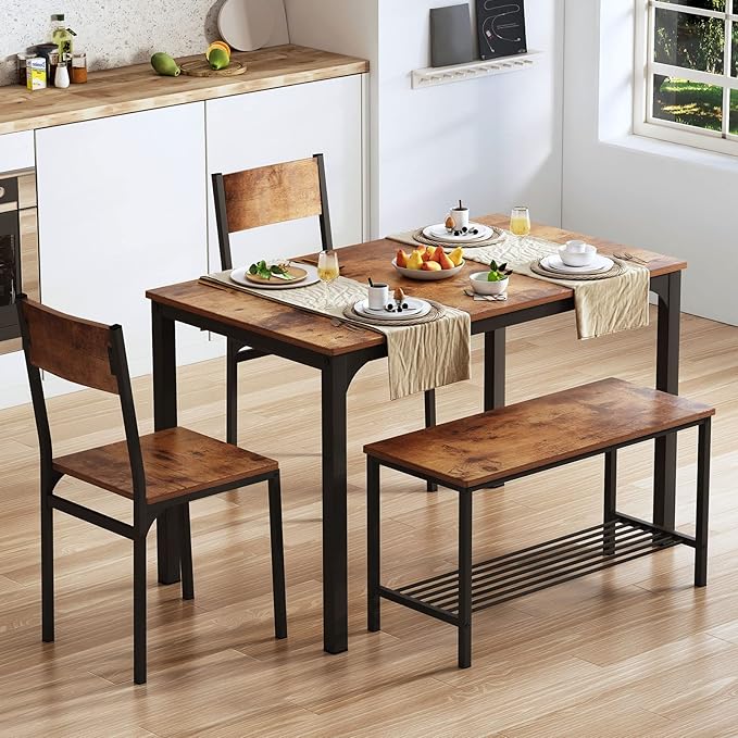 sogesfurniture 4-Piece Dining Table Set with 1 Bench and 2 Chairs, Kitchen Bench Table Set for 4, Wooden Kitchen Table and Chairs for Limited Space,Rustic Brown