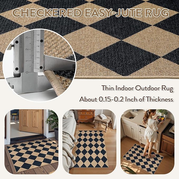 Lahome Checkered Easy Jute Kitchen Rug, 2x3 Front Door Mat Non Slip Washable Neutral Area Rug, Farmhouse Diamond Non Shedding Low Pile Floor Carpet for Entryway Porch Doorway