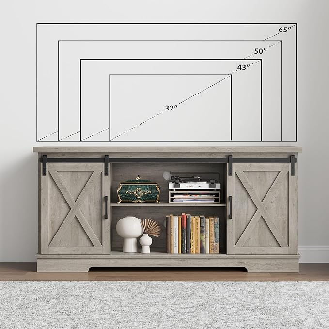 GarveeHome Farmhouse Tv Stand for 65 Inches TVs, Entertainment Center with Sliding Barn Doors and Adjustable Shelf, Modern Media TV Console TV Stand Table for Living Room, Bedroom, Grey