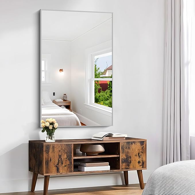 KOCUUY 30x48 Inch Large Silver Wall Mounted Mirror,Brushed Nickel Framed Rectangular Mirror for Wall Over Sink,Modern Design for Bedroom Living Room Bathroom,Functional Oversized Mirror