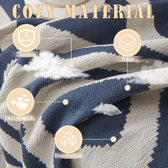HANDONTIME Boho Couch Covers for Sofa Chenille Sofa Covers Washable Sectional Sofa Cover Blanket Geometric Reversible Couch Cover for L Shaped Couch Couch Protector for Dogs, 91" X134", Denim Blue