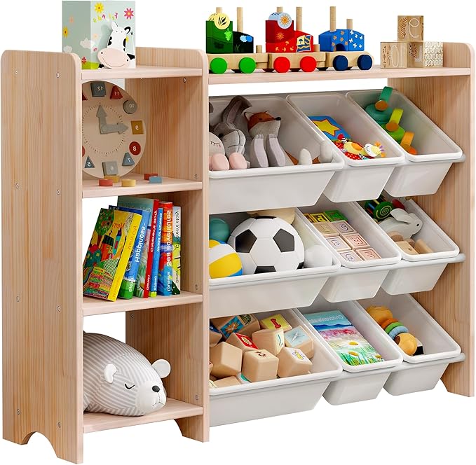 MallBest 4-Tier Kids' Toy Storage Organizer Shelf - 100% Solid Wood,Children's Storage Cabinet with 9 Plastic Bins and and 3 Storage Ports (Varnish-Single Color)