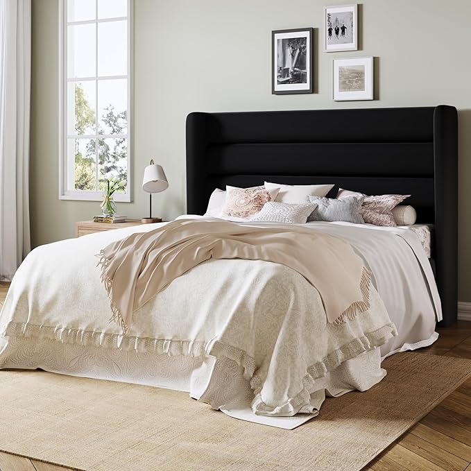 Allewie Full Size Platform Bed Frame with Velvet Upholstered Wingback Headboard, No Box Spring Needed, Under Bed Storage Space, Strong Wooden Slats, Modern Mattress Foundation, Easy Assembly, Black