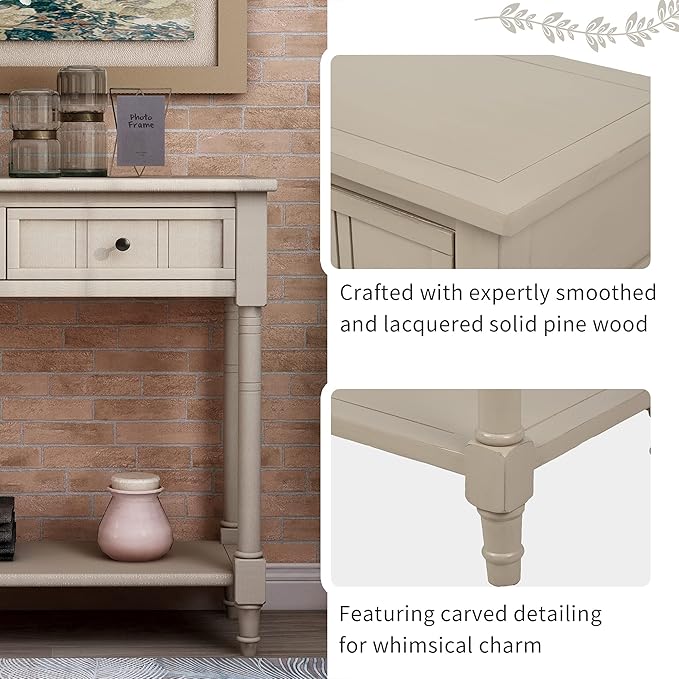 Bellemave Console Table with Drawers, Retro Entryway Table with 2 Drawers and Open Storage Shelf, Narrow Long Sofa Table, Behind Couch Table for Living Room, Foyer and Hallway, Retro Grey