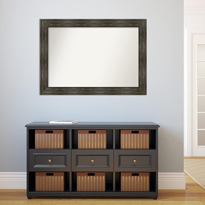 Amanti Art Grey Bathroom Mirror for Over Sink, 28x40 Pinstripe Plank Grey Narrow Rectangle Vanity Mirror, Large Country Rustic Frame, Hangs Horizonally and Vertically, Bathroom Wall Decor, Non-Beveled