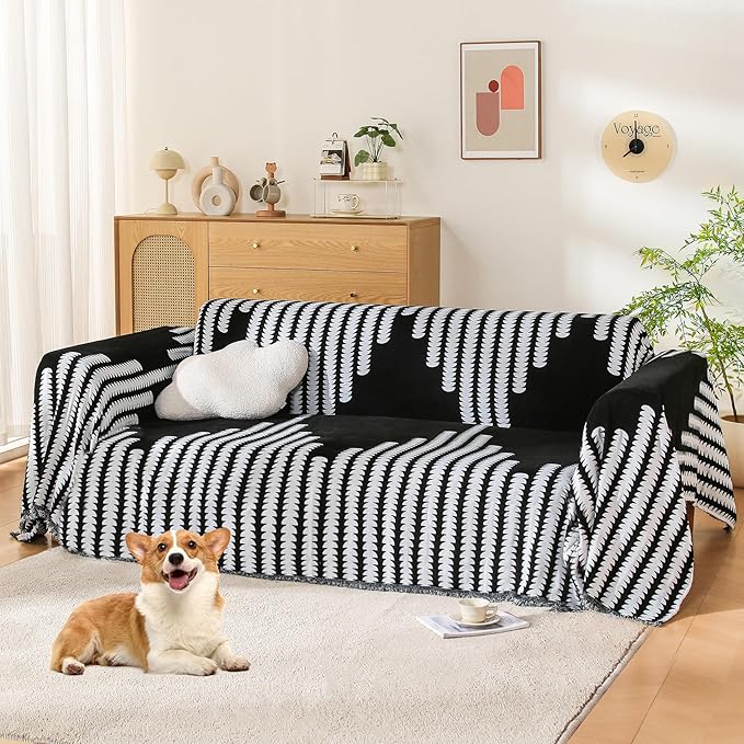 Boho Sofa Cover, Couch Covers for 3 Cushion Couch Sofa Pet Friendly, Sofa Cover Washable, Soft Chenille Living Room Couch Covers Slipcover, Pet Furniture Protecto (2# Black, 71" x 134")