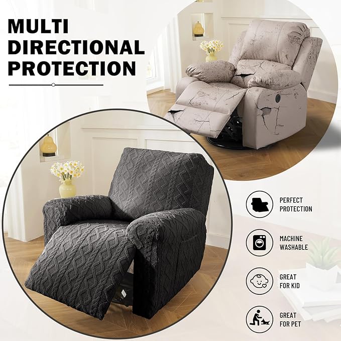 vctops 4 Pieces Geometric Jacquard Plush Recliner Slipcovers Soft Fuzzy Fluffy Sofa Couch Cover Anti-Slip Furniture Protector with Elastic Bottom for Kids Cats Dogs(Dark Grey,1 Seat)