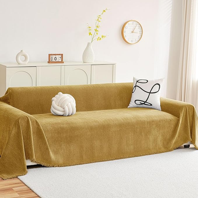 hyha Couch Cover for Dogs, Boho Sofa Covers for 3 Cushion Couch Washable, Chenille Sofa Slipcover for Pets, Soft Loveseat Sectional Couch Throw Blankets with Tassels (Yellow, 71x134 Inch)