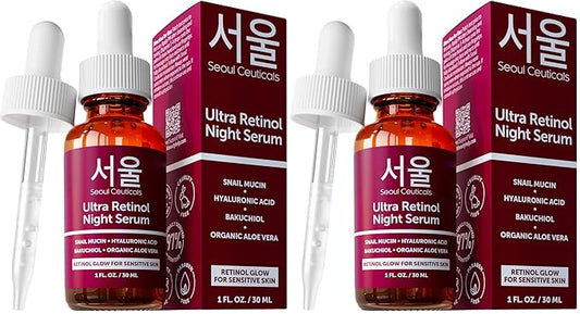 SeoulCeuticals 1% Korean Retinol Night Serum for Face - 97.5% Snail Mucin + Hyaluronic Acid + Bakuchiol, Cruelty Free K Beauty for Sensitive Skin 1oz (Pack of 2)